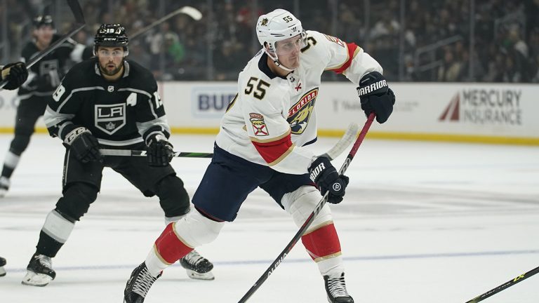 Florida Panthers centre Noel Acciari (55) shoots during the first period of an NHL hockey game against the Los Angeles Kings Sunday, March 13, 2022, in Los Angeles. (Ashley Landis/AP)