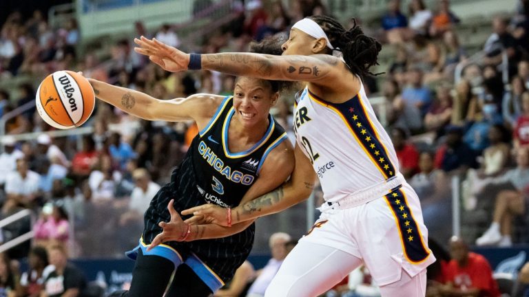 Chicago Sky forward Candace Parker (3) drives against the Indiana Fever during a WNBA basketball game Thursday, July 7, 2022, in Indianapolis. (Grace Hollars/The Indianapolis Star via AP)