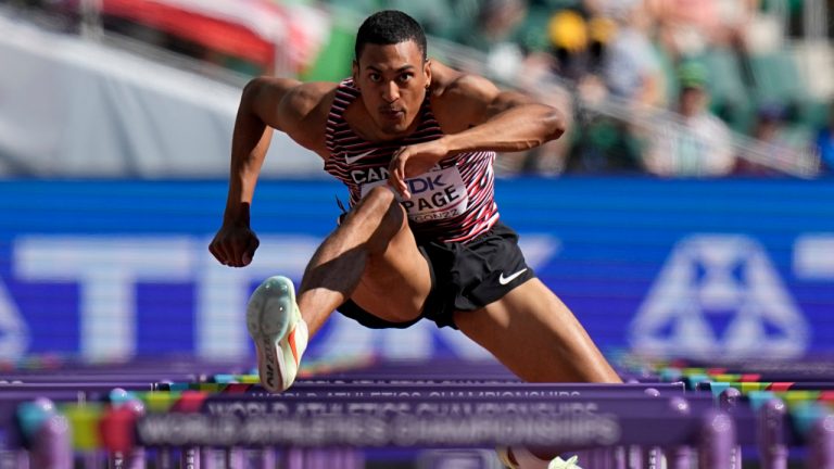 Pierce LePage, of Canada, competes during a heat in the decathlon 110-meter hurdles at the World Athletics Championships on Sunday, July 24, 2022, in Eugene, Ore. (David J. Phillip/AP)