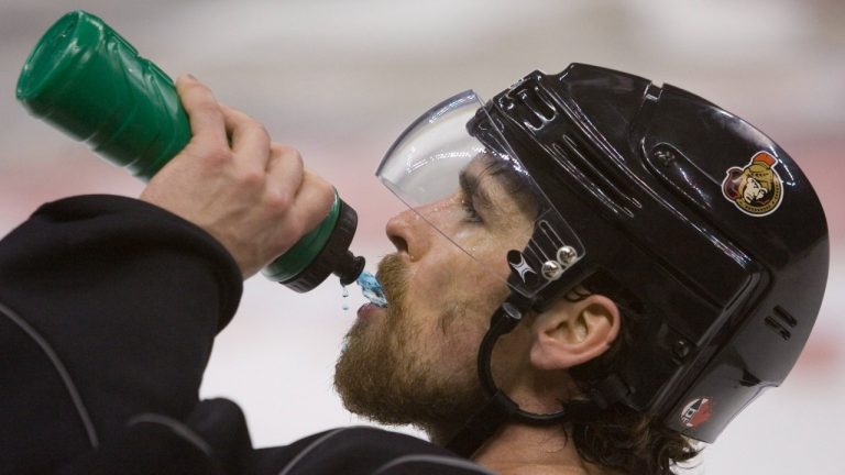 Ottawa Senators defenceman Wade Redden takes a break during team practice in Ottawa Thursday May 31, 2007. Ottawa is down two games in the best of seven series against the Anaheim Ducks in the NHL Stanley Cup Final.(Tom Hanson/CP Photo)