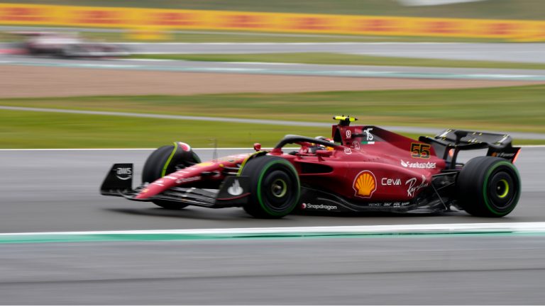 Ferrari driver Carlos Sainz of Spain steers his car during the qualifying session for the British Formula One Grand Prix at the Silverstone circuit, in Silverstone, England, Saturday, July 2, 2022. The British F1 Grand Prix is held on Sunday July 3, 2022. (Frank Augstein/AP)