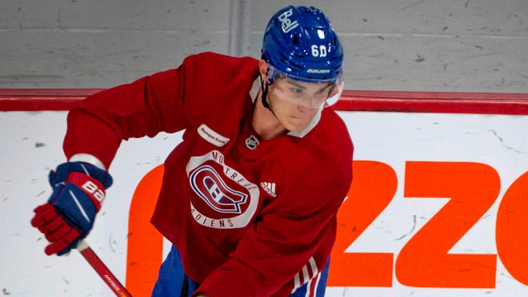 Montreal Canadiens first overall NHL draft pick Juraj Slafkovsky goes through skating drills at the Bell Sports Complex in Brossard, Que. during day one of their evaluation camp on Monday, July 11, 2022.
(Peter McCabe/CP)