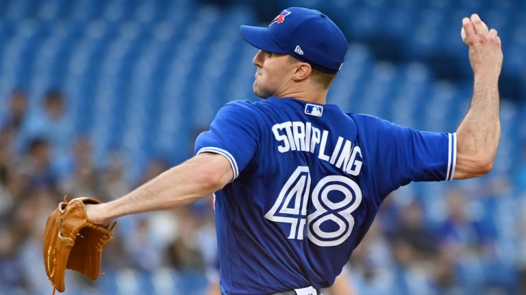 Toronto Blue Jays starting pitcher Ross Stripling throws to a Boston Red Sox batter during first inning American League baseball action in Toronto on Tuesday June 28, 2022. (Jon Blacker/CP)