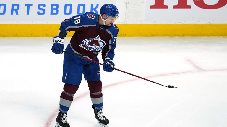 Colorado Avalanche centre Nico Sturm bounces a puck on his stick before Game 2 of the team's NHL hockey Stanley Cup second-round playoff series against the St. Louis Blues. (Jack Dempsey/AP)