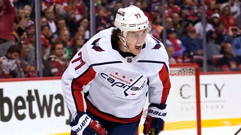 ashington Capitals right wing T.J. Oshie (77) reacts after scoring a goal during the first period of Game 5 of the first round of the NHL Stanley Cup hockey playoffs against the Florida Panthers, Wednesday, May 11, 2022, in Sunrise, Fla. (Lynne Sladky/AP)