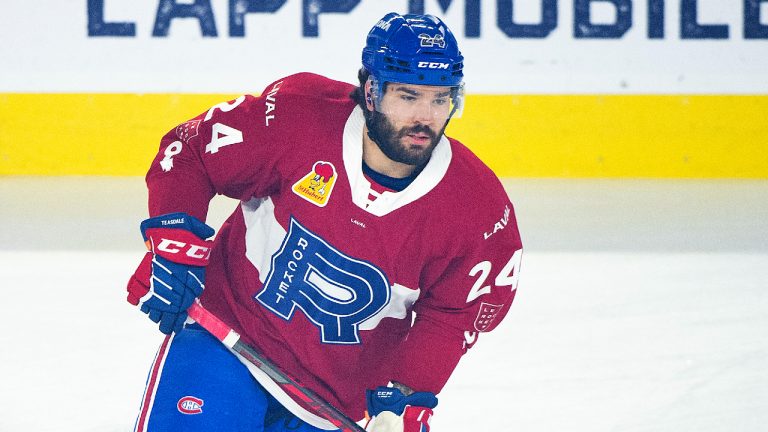 Laval Rocket's Joel Teasdale skates prior to an AHL playoff hockey game against the Springfield Thunderbirds in Laval, Que., Wednesday, June 8, 2022. (Graham Hughes/CP)