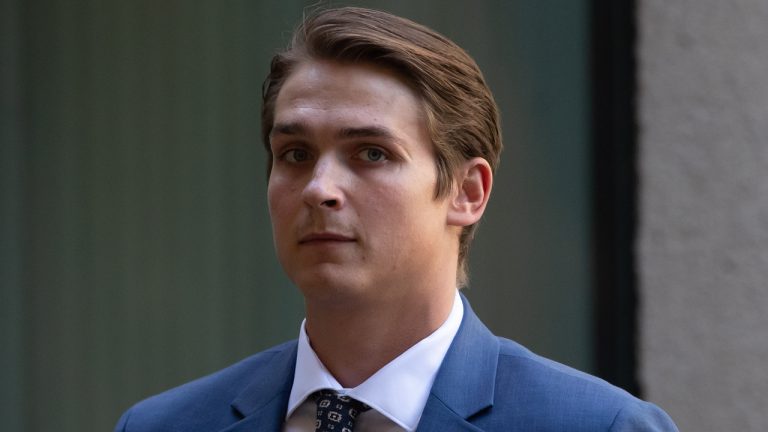 Former Vancouver Canucks NHL hockey player Jake Virtanen arrives at B.C. Supreme Court for the third day of his sexual assault trial. (Darryl Dyck/CP)