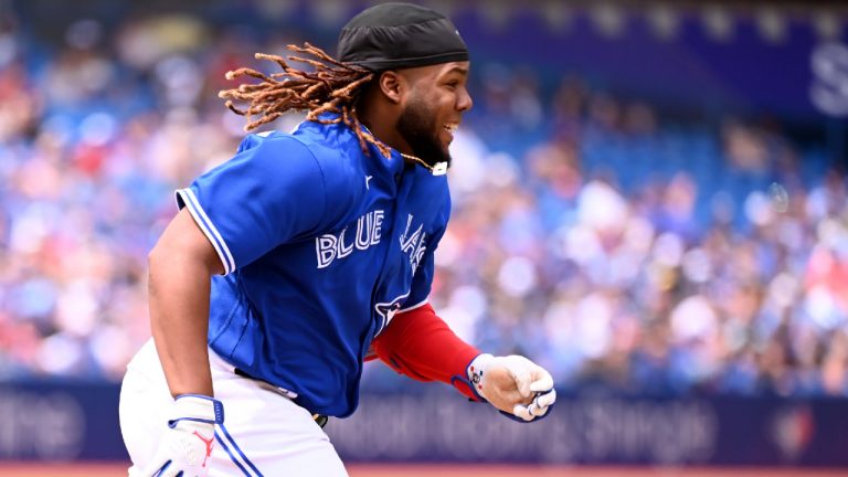 Toronto Blue Jays’ first baseman Vladimir Guerrero Jr. runs out a single in the third inning of American League baseball action against the Toronto Blue Jays in Toronto, Sunday, July 17, 2022. (Jon Blacker/CP)