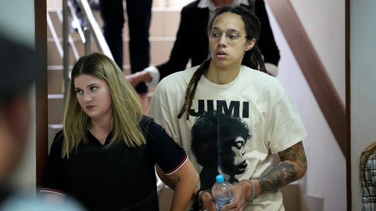 WNBA star and two-time Olympic gold medalist Brittney Griner is escorted to a courtroom for a hearing, in Khimki just outside Moscow, Russia, Friday, July 1, 2022. (Alexander Zemlianichenko/AP)