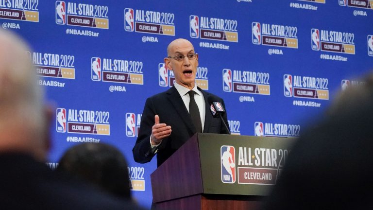 NBA Commissioner Adam Silver speaks at a news conference during NBA All-Star basketball game weekend, Saturday, Feb. 19, 2022, in Cleveland. (Charles Krupa/AP)