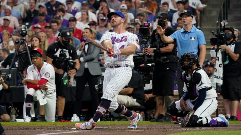 National League's Pete Alonso, of the New York Mets, hits during the second round of the MLB All Star baseball Home Run Derby, Monday, July 12, 2021, in Denver. (Gabriel Christus/AP)