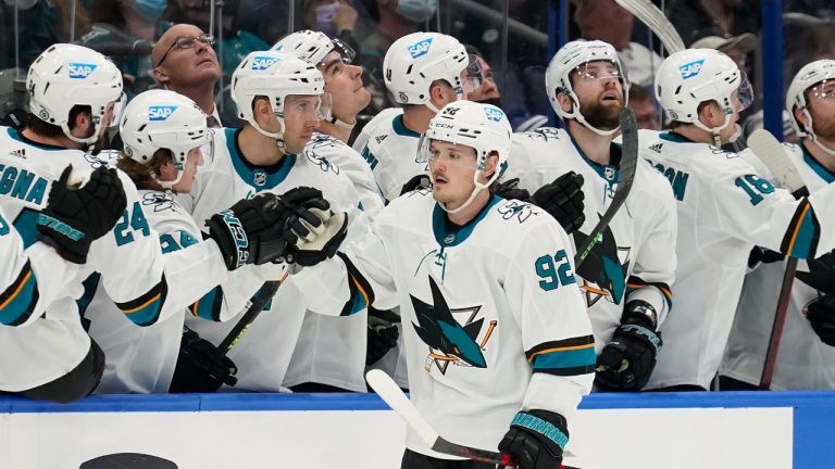 San Jose Sharks left wing Rudolfs Balcers (92) celebrates with the bench after his goal against the Tampa Bay Lightning during the second period of an NHL hockey game Tuesday, Feb. 1, 2022, in Tampa, Fla. (Chris O'Meara/AP)