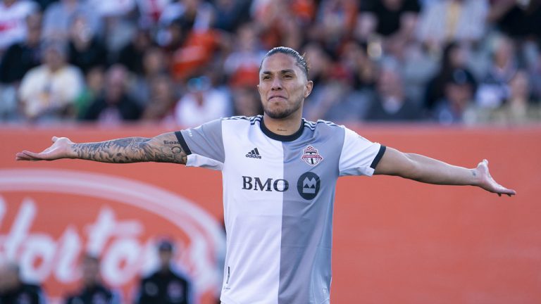 Carlos Salcedo (3) of Toronto FC complains after a call during first half of the 2020 Canadian Championship Final soccer against the Forge FC in Hamilton, Ont. on Saturday, June 4, 2022. (Peter Power/CP)