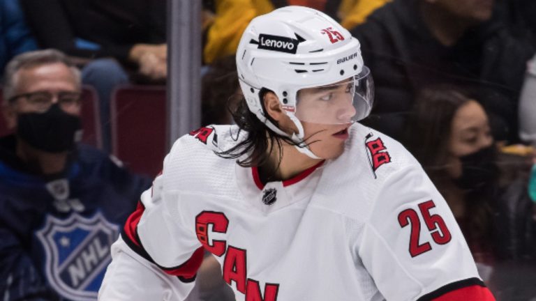 Carolina Hurricanes' Ethan Bear skates during third period NHL hockey action against the Vancouver Canucks, in Vancouver, B.C., Sunday, Dec. 12, 2021. (Darryl Dyck/CP)