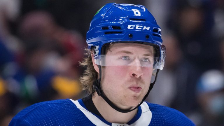 Vancouver Canucks' Brock Boeser lines up for a faceoff against the Montreal Canadiens during the third period of an NHL hockey game in Vancouver, on Wednesday, March 9, 2022. (Darryl Dyck/THE CANADIAN PRESS)