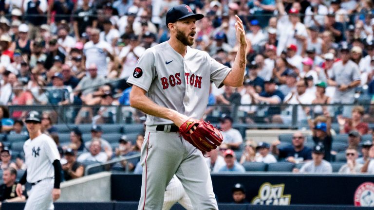 Boston Red Sox starting pitcher Chris Sale walks off the mound after a hand injury during the second inning of a baseball game against the New York Yankees, Sunday, July 17, 2022, in New York. (Julia Nikhinson/AP)