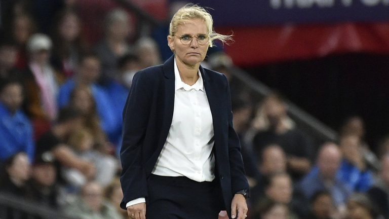 England's manager Sarina Wiegman stands by the touchline during the Women Euro 2022 soccer match between England and Austria at Old Trafford in Manchester, England, Wednesday, July 6, 2022. (Rui Vieira/AP)