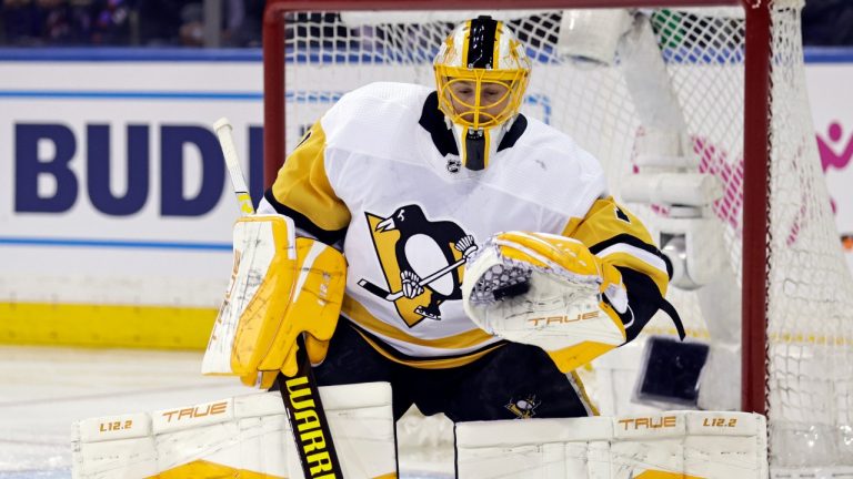 Pittsburgh Penguins goaltender Casey DeSmith makes a save against the New York Rangers during the first period of Game 1 of an NHL hockey Stanley Cup first-round playoff series Tuesday, May 3, 2022, in New York. (Adam Hunger/AP)