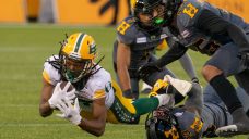 Late fumble by Tiger-Cats gives Elks first victory of season