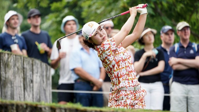 Japan's Ayaka Furue follows her ball after playing on the 2nd hole during the Evian Championship women's golf tournament in Evian, eastern France, Saturday, July 23, 2022. (Laurent Cipriani/AP)