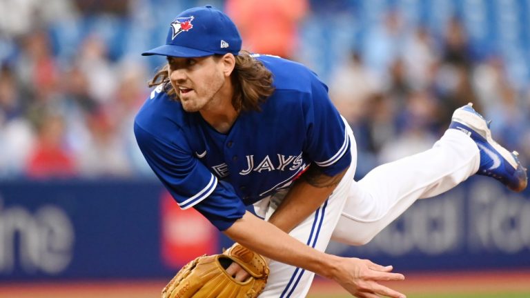 Toronto Blue Jays' starting pitcher Kevin Gausman throws to a Boston Red Sox batter in first inning American League baseball action in Toronto on Monday June 27, 2022. (Jon Blacker/CP)