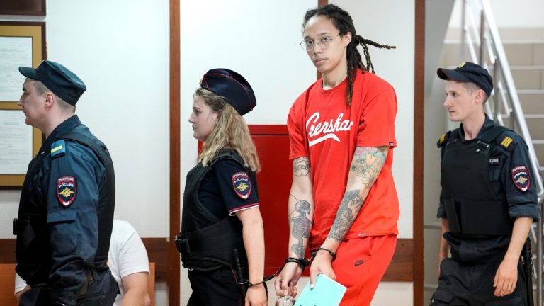 WNBA star and two-time Olympic gold medalist Brittney Griner is escorted to a courtroom for a hearing, in Khimki outside Moscow, Russia, Thursday, July 7, 2022. Griner on Thursday pleaded guilty to drug possession and smuggling during her trial in Moscow but said she had no intention of committing a crime, Russian news agencies reported. (Alexander Zemlianichenko/AP)