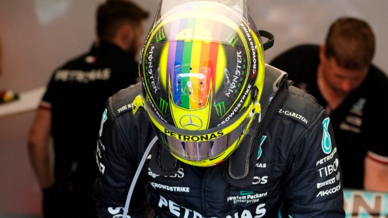 Mercedes driver Lewis Hamilton of Britain preparers for the second free practice session for the Hungarian Formula One Grand Prix at the Hungaroring racetrack in Mogyorod, near Budapest, Hungary, Friday, July 29, 2022. The Hungarian Formula One Grand Prix will be held on Sunday. (Darko Bandic/AP)