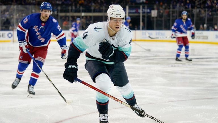 Seattle Kraken defenceman Haydn Fleury (4) chases the puck during the second period of an NHL hockey game against the New York Rangers, Sunday, Jan. 30, 2022, in New York. (John Minchillo/AP)