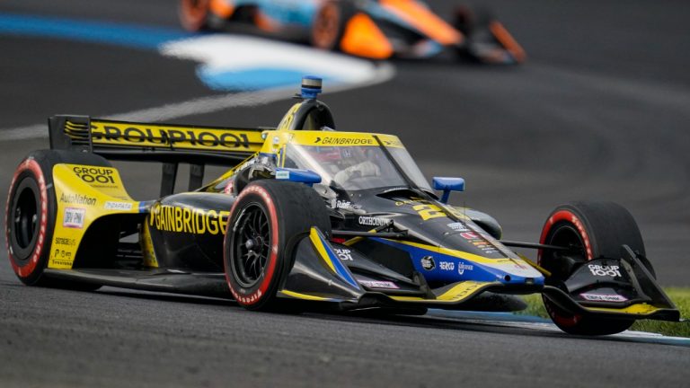 Colton Herta drives into the second turn on his way to winning the IndyCar GP auto race at Indianapolis Motor Speedway in Indianapolis, Saturday, May 14, 2022. (Michael Conroy/AP)