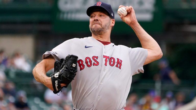 Boston Red Sox starting pitcher Rich Hill throws against the Chicago Cubs during the first inning of a baseball game in Chicago, Friday, July 1, 2022. (Nam Y. Huh/AP)