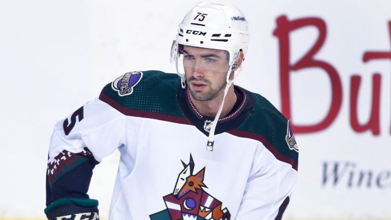 NHL profile photo on Arizona Coyotes player Kyle Capobianco at a game against the Calgary Flames in Calgary, Alta. on March 25, 2022. (Larry MacDougal/CP)