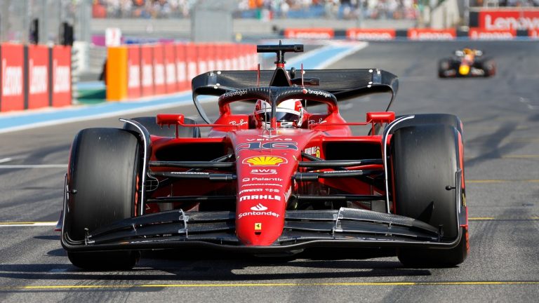 Ferrari driver Charles Leclerc of Monaco steers his car after he clocked the fastest time during the qualifying session for the French Formula One Grand Prix at Paul Ricard racetrack in Le Castellet, southern France, Saturday, July 23, 2022. The French Grand Prix will be held on Sunday. (Eric Gaillard/AP)