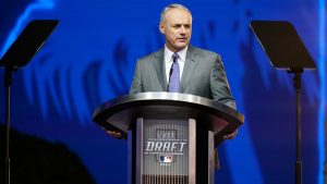 MLB Commissioner Rob Manfred speaks during the 2022 MLB baseball draft, Sunday, July 17, 2022, in Los Angeles. (Jae C. Hong/AP)