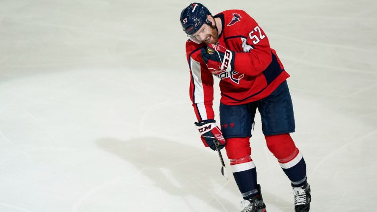 Washington Capitals defenceman Matt Irwin reacts after his goal during the third period of the team's NHL hockey game against the Philadelphia Flyers, Tuesday, April 12, 2022, in Washington. (Alex Brandon/AP)