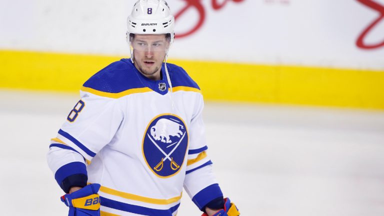 NHL profile photo on Buffalo Sabres player Robert Hagg, from Sweden, at a game against the Calgary Flames in Calgary, Alta. on March 18, 2022. (Larry MacDougal/CP)