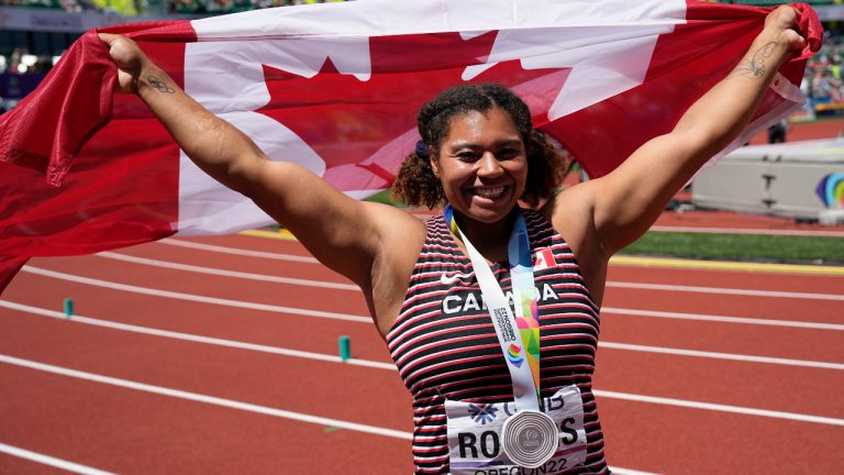 Silver medalilst Camryn Rogers, of Canada, celebrates after the women's hammer throw final at the World Athletics Championships on Sunday, July 17, 2022, in Eugene, Ore.(David J. Phillip/AP)