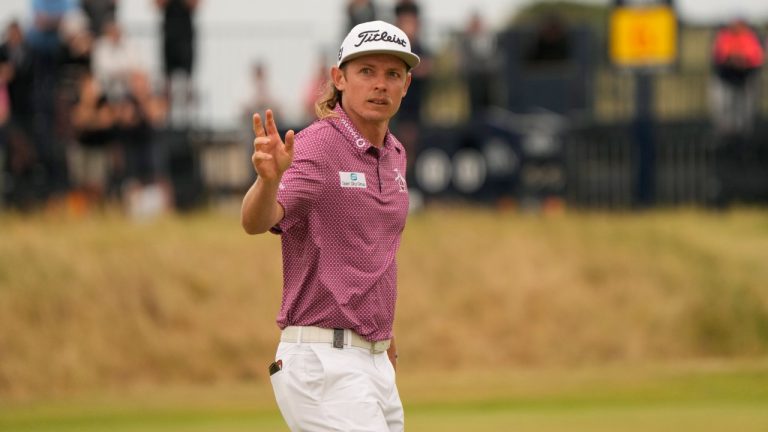 Cameron Smith, of Australia, after playing a birdie on the 13th hole during the final round of the British Open golf championship on the Old Course at St. Andrews, Scotland, Sunday July 17, 2022. (Gerald Herbert/AP)