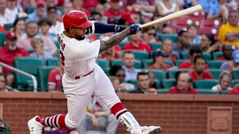 St. Louis Cardinals' Edmundo Sosa follows through on an RBI double during the fifth inning of a baseball game against the Philadelphia Phillies Monday, July 11, 2022, in St. Louis. (Jeff Roberson/AP)