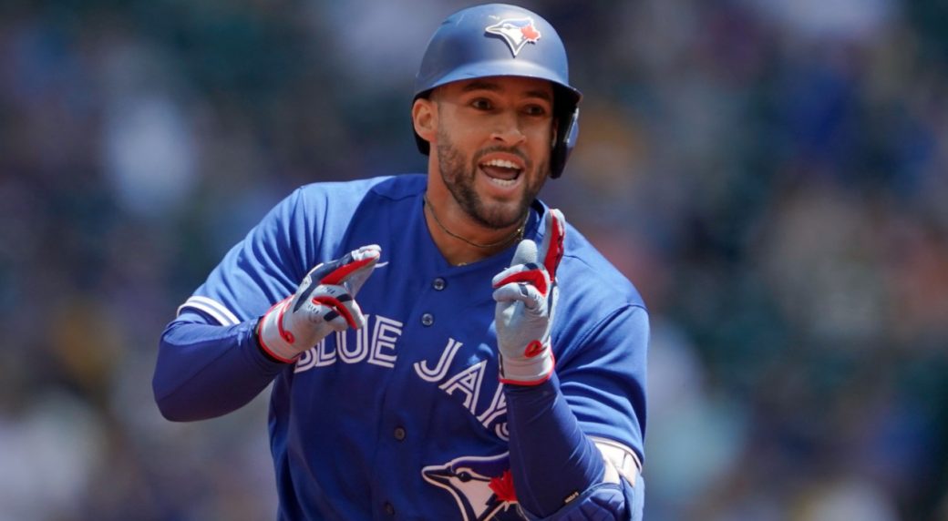 MILWAUKEE, WI - JUNE 26: Toronto Blue Jays outfielder George Springer (4)  at the plate during a game between the Milwaukee Brewers and Toronto Blue  Jays on June 26, 2022 at American