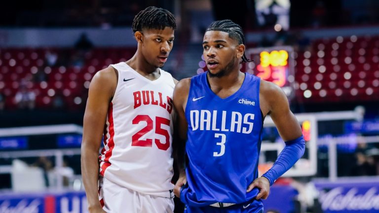 Chicago Bulls' Dalen Terry (25) and Dallas Mavericks' Jaden Hardy (3) stand on the court during an NBA summer league basketball game in Las Vegas on Friday, July 8, 2022. (Wade Vandervort/Las Vegas Sun via AP)