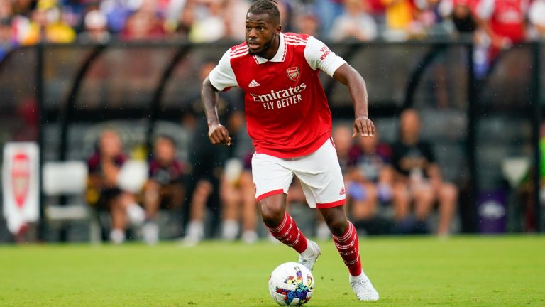 Arsenal defender Nuno Tavares controls the ball against Everton during the first half of a pre-season friendly soccer match, Saturday, July 16, 2022, in Baltimore. (Julio Cortez/AP)