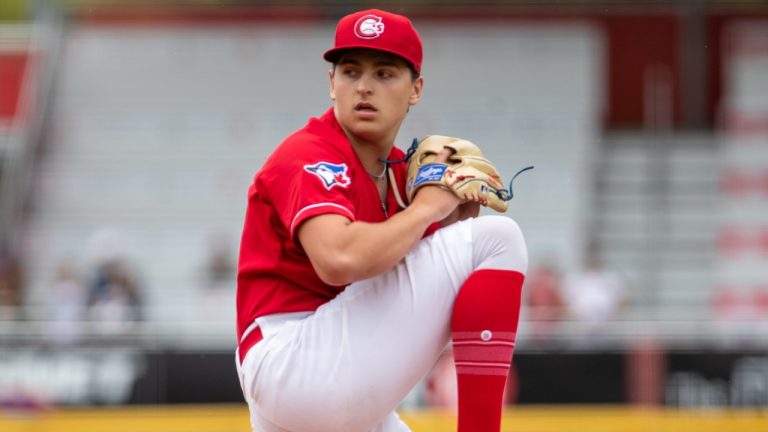 Toronto Blue Jays pitching prospect Ricky Tiedemann winds up to deliver a pitch for the class-A Vancouver Canadians. (Photo Credit: Mark Steffens)