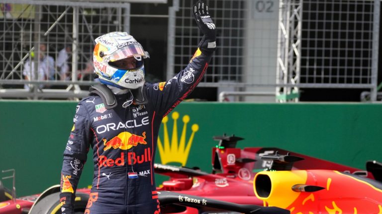 Red Bull driver Max Verstappen of the Netherlands celebrates after winning the Sprint Race qualifying session at the Red Bull Ring racetrack in Spielberg, Austria, Saturday, July 9, 2022. The Austrian F1 Grand Prix will be held on Sunday July 10, 2022. (Matthias Schrader/AP)