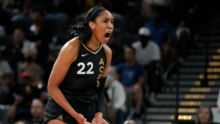 Las Vegas Aces forward A'ja Wilson (22) reacts after a play against the Phoenix Mercury during the first half in Game 1 of a WNBA basketball first-round playoff series Wednesday, Aug. 17, 2022, in Las Vegas. (John Locher/AP)