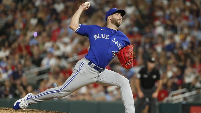 Toronto Blue Jays relief pitcher Anthony Bass throws to a Minnesota Twins batter during the ninth inning of a baseball game Thursday, Aug. 4, 2022, in Minneapolis. The Blue Jays won 9-3. (Bruce Kluckhohn/AP)