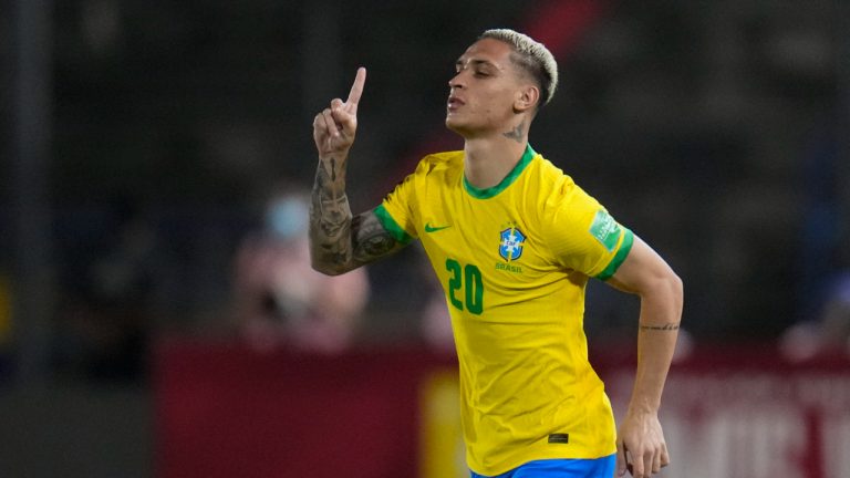 Brazil's Antony celebrates scoring his side's third goal against Venezuela during a qualifying soccer match for the FIFA World Cup Qatar 2022 at UCV Olympic Stadium in Caracas, Venezuela. (Ariana Cubillos/AP)