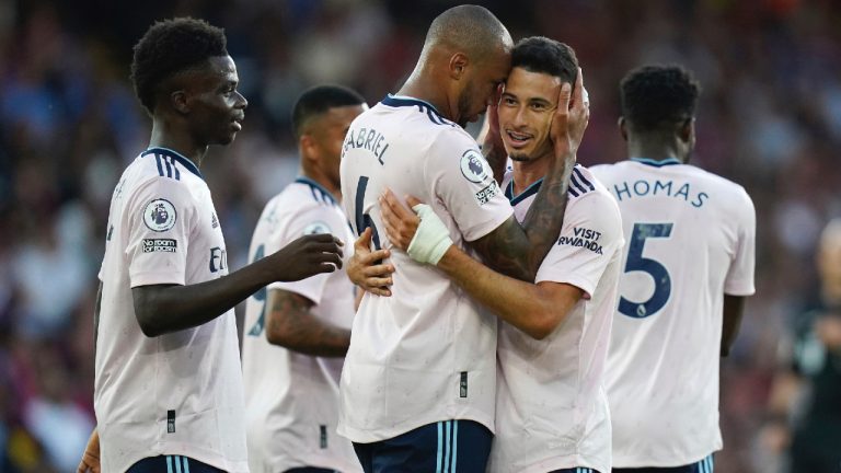 Arsenal's Gabriel Martinelli celebrates scoring their side's first goal of the game during the Premier League match at Selhurst Park, London, Friday Aug. 5, 2022. (Adam Davy/PA via AP)