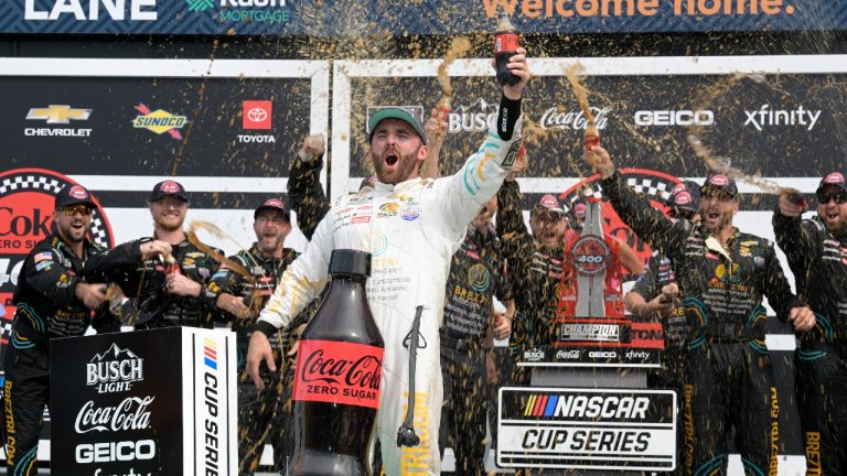 Austin Dillon celebrates in Victory Lane after winning a NASCAR Cup Series auto race at Daytona International Speedway, Sunday, Aug. 28, 2022, in Daytona Beach, Fla. (Phelan M. Ebenhack/AP)