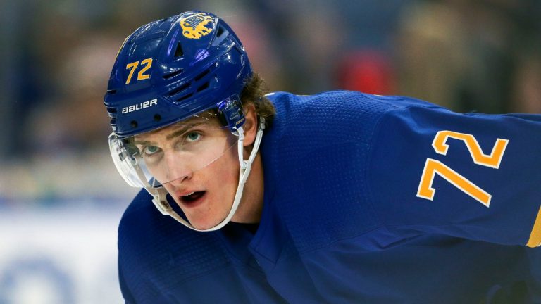 Buffalo Sabres right wing Tage Thompson (72) looks on during the second period of an NHL hockey game against the New York Islanders on Saturday, April 23, 2022, in Buffalo, N.Y. (Joshua Bessex/AP)