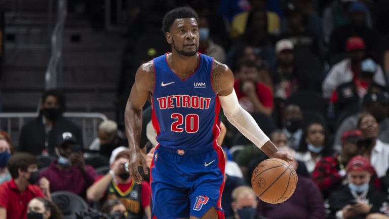 Detroit Pistons guard Josh Jackson (20) dribbling up the court during the second half of an NBA basketball game against the Atlanta Hawks on Monday, Oct. 25, 2021, in Atlanta. (AP Photo/Hakim Wright Sr.)